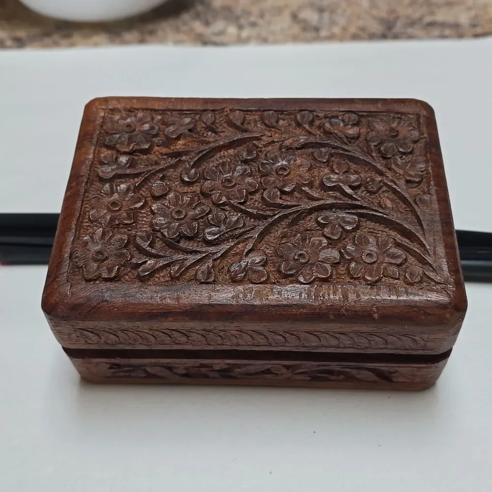 VTG Hand Carved Wooden Floral Trinket Box Blue Velvet Lined Keepsake